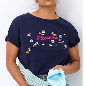 Anthropologie Maeve Embroidered Riviera Short Sleeve Sweatshirt in Size Small P
